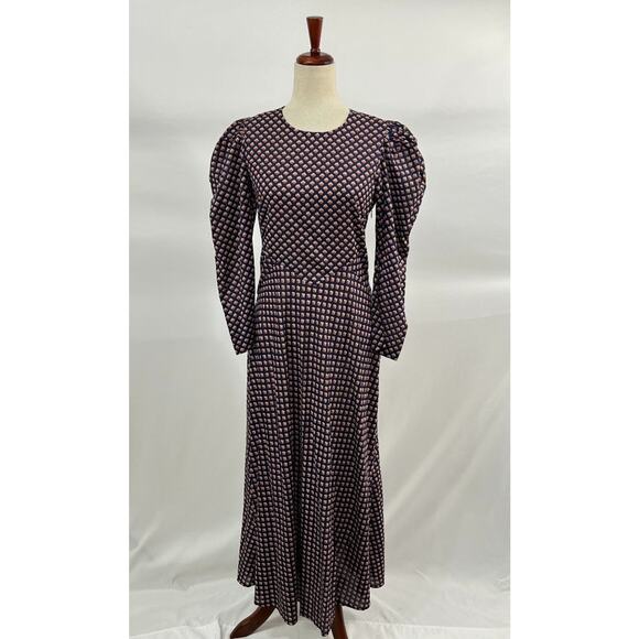 DOEN Sz S Small Vittoria Dress Puff Long Sleeve Midi Harbor Medallion Blue Fall - Picture 10 of 13